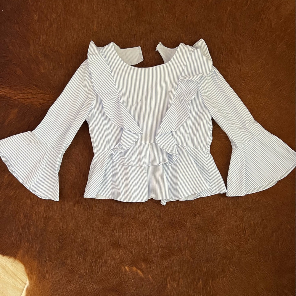 BCBGMaxAzria Blue and White Striped Ruffle Peplum Top